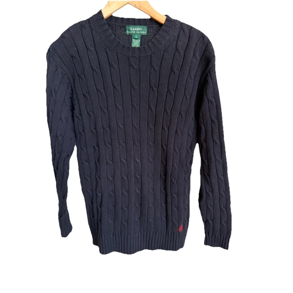 Ralph Lauren Cable Knit Pullover Sweater Navy Blue Size Small Preppy Pony